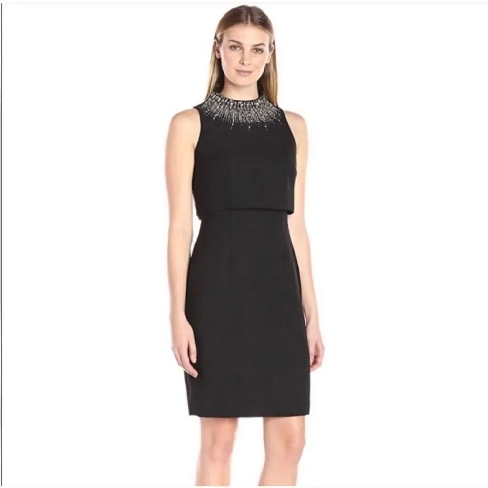 Aidan Mattox Mini Dress Black Sleeveless Mock Beaded Turtleneck Sz 0